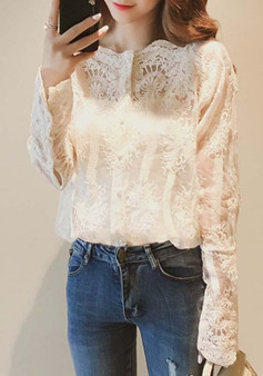 Apricot Cut Out Lace Round Neck Long Sleeve Blouse