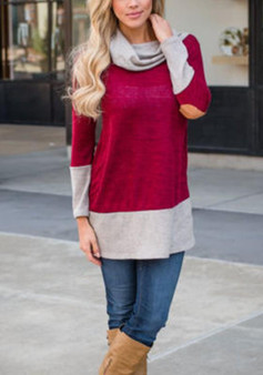 Red Patchwork Cowl Neck Long Sleeve Fashion T-Shirt