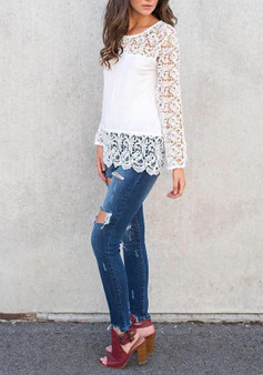 White Patchwork Lace Cut Out Round Neck Sweet Going out Blouse