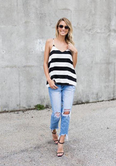 White Belt V-neck Sleeveless Striped Fashion Vest