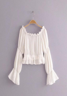 White Pleated Ruffle Off Shoulder Backless Going out Casual Blouse