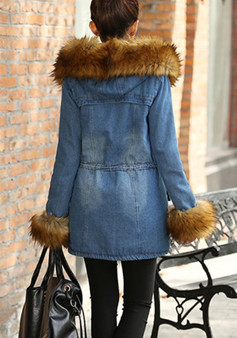 Blue Patchwork Pockets Zipper Drawstring Fur Hooded Long Sleeve Denim Parka Coat