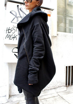 Black Plain Zipper Irregular Pockets Hooded Casual Coat