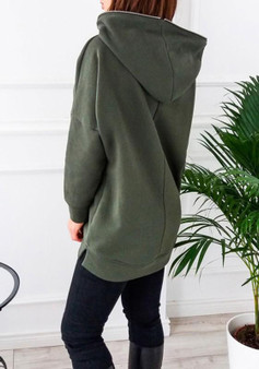 Army Green Patchwork Hooded Long Sleeve Pockets Zipper Fashion Pullover Sweatshirt