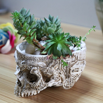 Hand Carved Skull Flower Pot Home Garden Decor