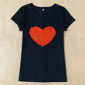 Black Love Print Sequin Round Neck Fashion T-Shirt