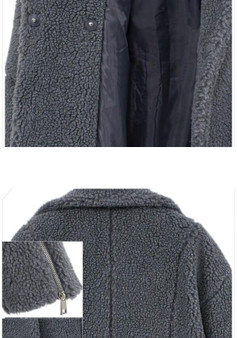 Grey Draped Zipper Pockets Turndown Collar Long Sleeve Faux Wool Coat