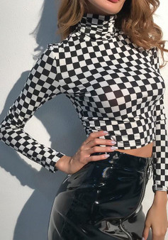 Black White Plaid High Neck Long Sleeve Slim Fashion T-Shirt