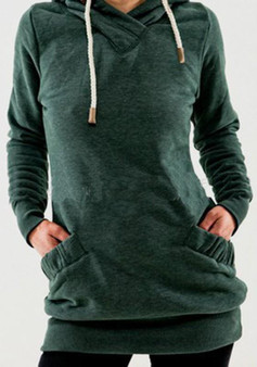 Green Pockets Drawstring Hooded Long Sleeve Pullover Sweatshirt