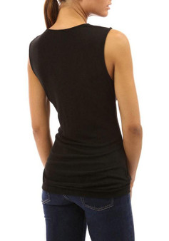 Black Plain Buttons Collarless Fashion Slim Knit T-Shirt