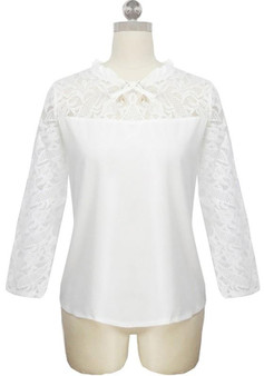 White Patchwork Lace Round Neck Long Sleeve Elegant Blouse
