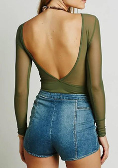 Army Green Plain Backless Round Neck Long Sleeve T-Shirt