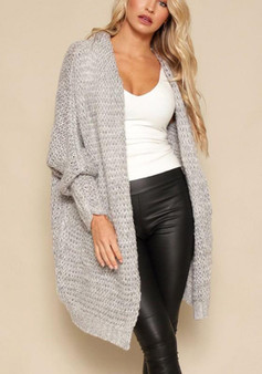 Grey Plain Pockets Collarless Casual Cardigan Sweater