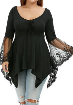 Black Patchwork Lace-up Grenadine Lace Irregular Scoop Neck Long Sleeve T-Shirt