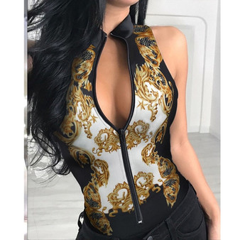 Women Zipper Front Baroque Print Sleeveless Bodysuit Rompers Plunge Summer Sexy Onesie Clubwear