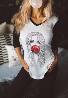 White Figure Print Round Neck Fashion T-Shirt