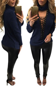 Navy Blue Lace-up High Neck Cut Out Long Sleeve T-Shirt