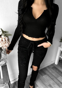 Black Plain Crop V-neck Long Sleeve Fashion T-Shirt