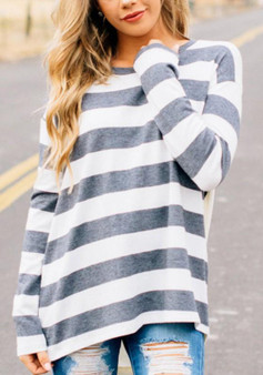 White-Grey Striped Draped Round Neck Long Sleeve Casual T-Shirt
