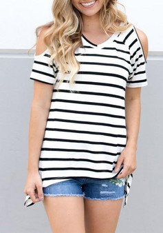 White-Black Striped Print Cut Out Sleeve V-neck Casual T-Shirt
