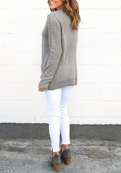 Grey Irregular V-neck Long Sleeve Casual Pullover Sweater