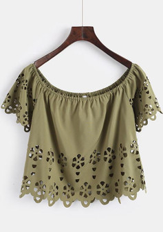 Army Green Firing Hollow-out Off Shoulder Crop Short Sleeve Blouse