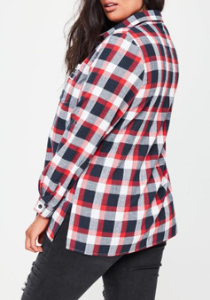 Red Plaid Checkered Pockets Single Breasted Christmas Turndown Collar Long Sleeve Casual Blouse