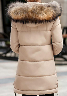 Khaki Pockets Fur Zipper Hooded Long Sleeve Fashion Outerwear