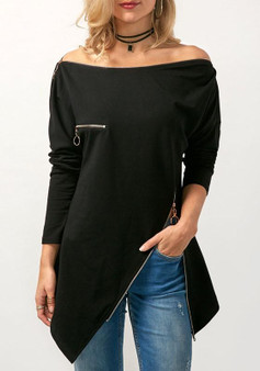 Black Zipper Irregular Side Slit Off Shoulder Long Sleeve Casual T-Shirt