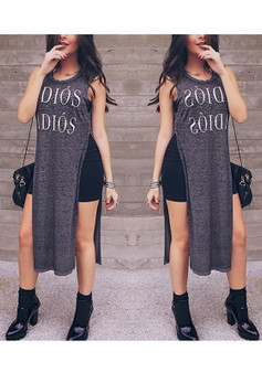 Dark Grey Monogram Print Side Slit Draped Round Neck Casual Long T-Shirt