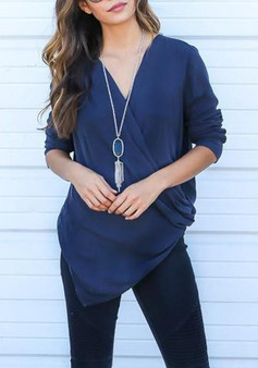 Dark Blue V-neck Casual Going out T-Shirt