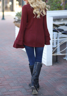 Burgundy Cascading Ruffle Bell Sleeve Round Neck Casual T-Shirt