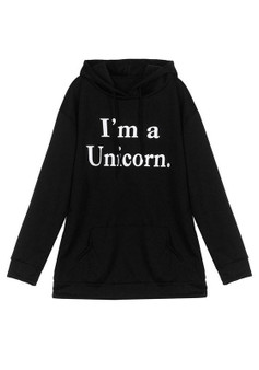 Black Monogram I'm a Unicorn Print Drawstring Pockets Casual Hooded Pullover Sweatshirt