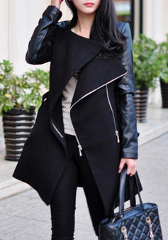 Black Patchwork PU Leather Irregular Zipper Turndown Collar Long Sleeve Fashion Coat