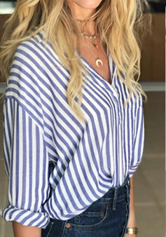 Blue Striped Single Breasted Turndown Collar Long Sleeve Blouse