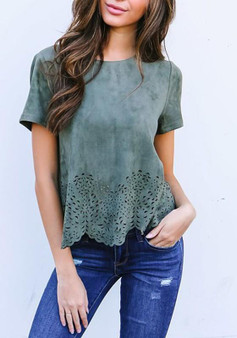 Green Cut Out Wavy Edge Round Neck Casual T-Shirt