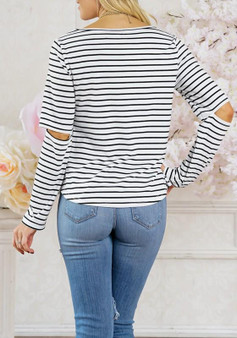 White-Black Striped Print Cut Out Sleeve Casual Going out T-Shirt