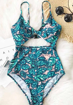 Green Floral Studded Cut Out Condole Belt V-neck Swimwear