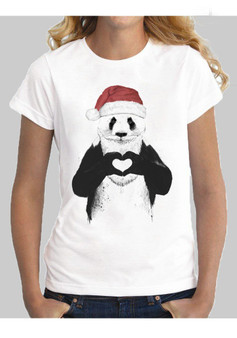 White Santa Panda Print Christmas Festival Cute Round Neck T-Shirt