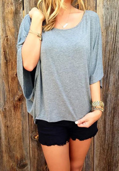 Grey Open Back Cross Back Round Neck Dolman Sleeve Oversized Casual T-Shirt