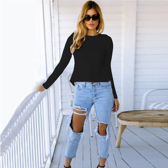 Black Tie Back Backless Round Neck Long Sleeve T-Shirt