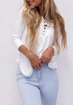 White Plain Hollow-out V-neck Lace Up Long Sleeve T-Shirt