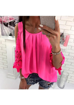 Rose Carmine Patchwork Cut Out Tie Back Round Neck Fashion Blouse