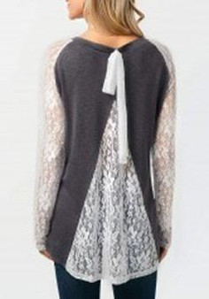 Grey Patchwork Lace Draped Long Sleeve Round Neck Cute Sweet T-Shirt