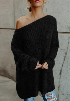 Black Plain Asymmetric Shoulder Long Sleeve Casual Pullover Sweater