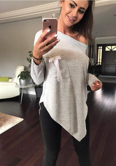 Grey Asymmetric Shoulder Pockets Irregular Bow Long Sleeve T-Shirt