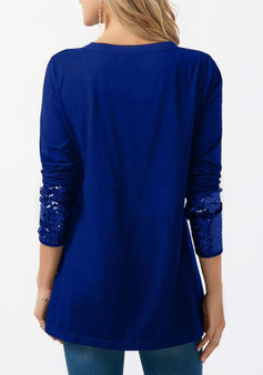 Blue Patchwork Sequin Pockets Buttons Round Neck Casual T-Shirt