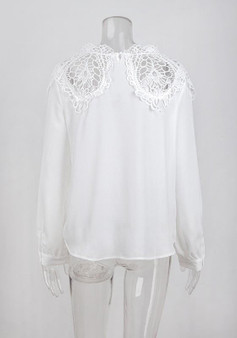 White Lace Patchwork Round Neck Long Sleeve Fashion T-Shirt