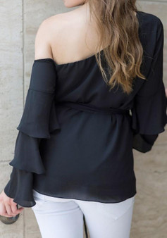 Black Asymmetric Shoulder Sashes Cascading Ruffle Long Sleeve Casual Blouse