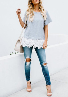 Grey Cut Out Lace Round Neck Casual Going out T-Shirt